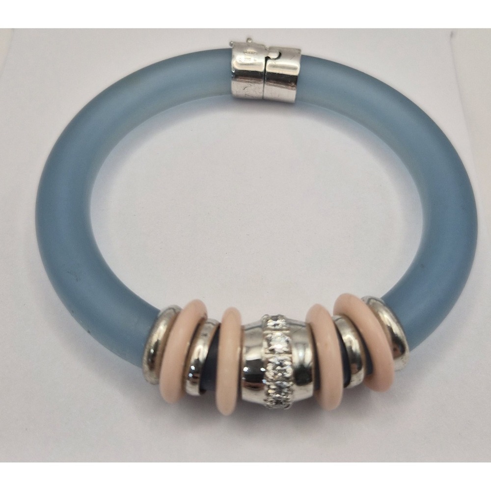 Vintage Italian 925 Sterling Silver Blue Rubber Tube Bangle Bracelet Pink Spacer